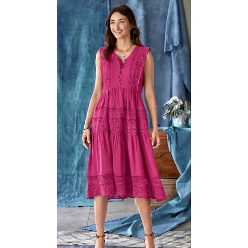 Sundance Bright Tomorrow Tiered Lace Midi Sundress Raspberry Pink SZ S